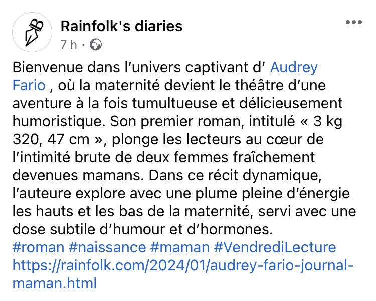 avis bloggueur littéraire rainfolk diaries livre audrey fario 3 kg 320, 47 cm
