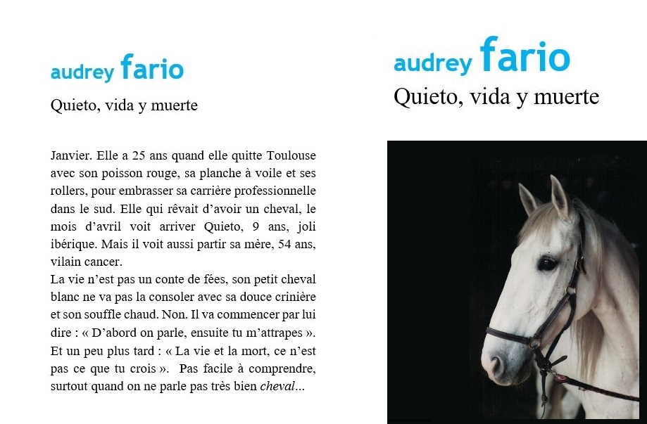 couverture et quatrième de couverture livre audrey fario quieto, vida y muerte cheval emotions vie mort deuil joie de vivre