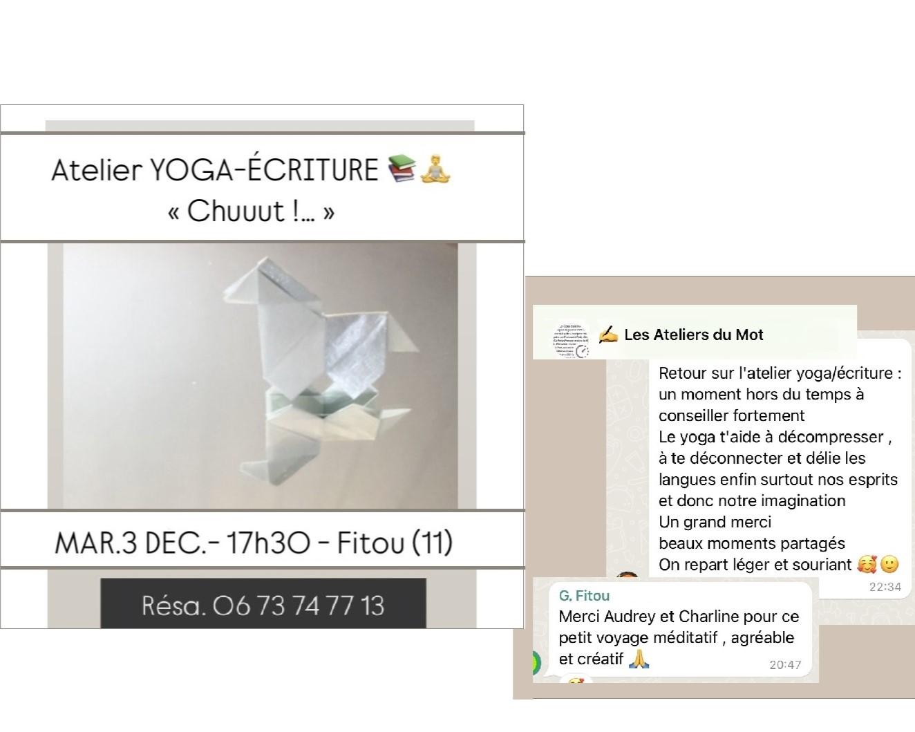 affiche atelier yoga ecriture audrey fario charline dalias yogapark108 fitou ecriture creative lacher prise zen bien-être